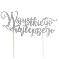 Topper na tort Wszystkiego najlepszego brokatowy srebrny 1szt.