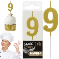 Świeczka piker B&C cyferka 9, metaliczna złota, 9.5x2.3 cm GODAN