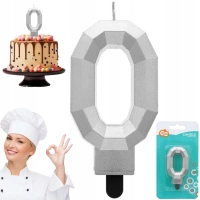 Świeczka cyferka 0 - Diament, metalik srebrny, 7.6 cm GODAN