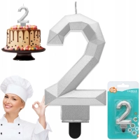 Świeczka cyferka 2 - Diament, metalik srebrny, 7.6 cm GODAN