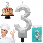 Świeczka cyferka 3 - Diament, metalik srebrny, 7.6 cm GODAN