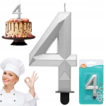 Świeczka cyferka 4 - Diament, metalik srebrny, 7.6 cm GODAN