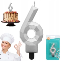 Świeczka cyferka 6 - Diament, metalik srebrny, 7.6 cm GODAN