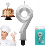 Świeczka cyferka 9 - Diament, metalik srebrny, 7.6 cm GODAN