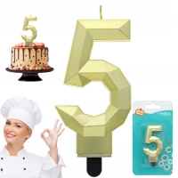 Świeczka cyferka 5 - Diament, metalik złoty, 7.6 cm GODAN