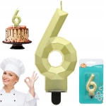 Świeczka cyferka 6 - Diament, metalik złoty, 7.6 cm GODAN