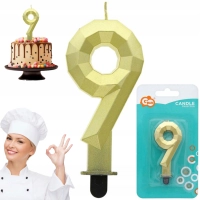 Świeczka cyferka 9 - Diament, metalik złoty, 7.6 cm GODAN