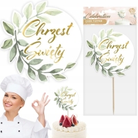 Dekoracja papierowa na tort Chrzest Święty, listki, średnica 14 cm