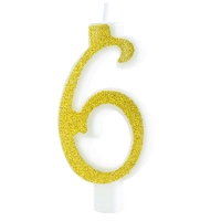 Świeczka złota z brokatem cyfra 6 mała