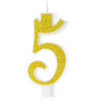 Świeczka złota z brokatem cyfra 5 mała