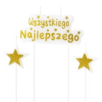 Świeczka urodzinowa na tort złota "Wszystkiego najlepszego" + gwiazdy